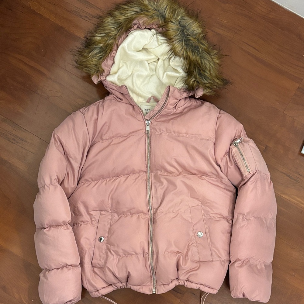 Pink Puffer Jacket with Faux Fur Hood